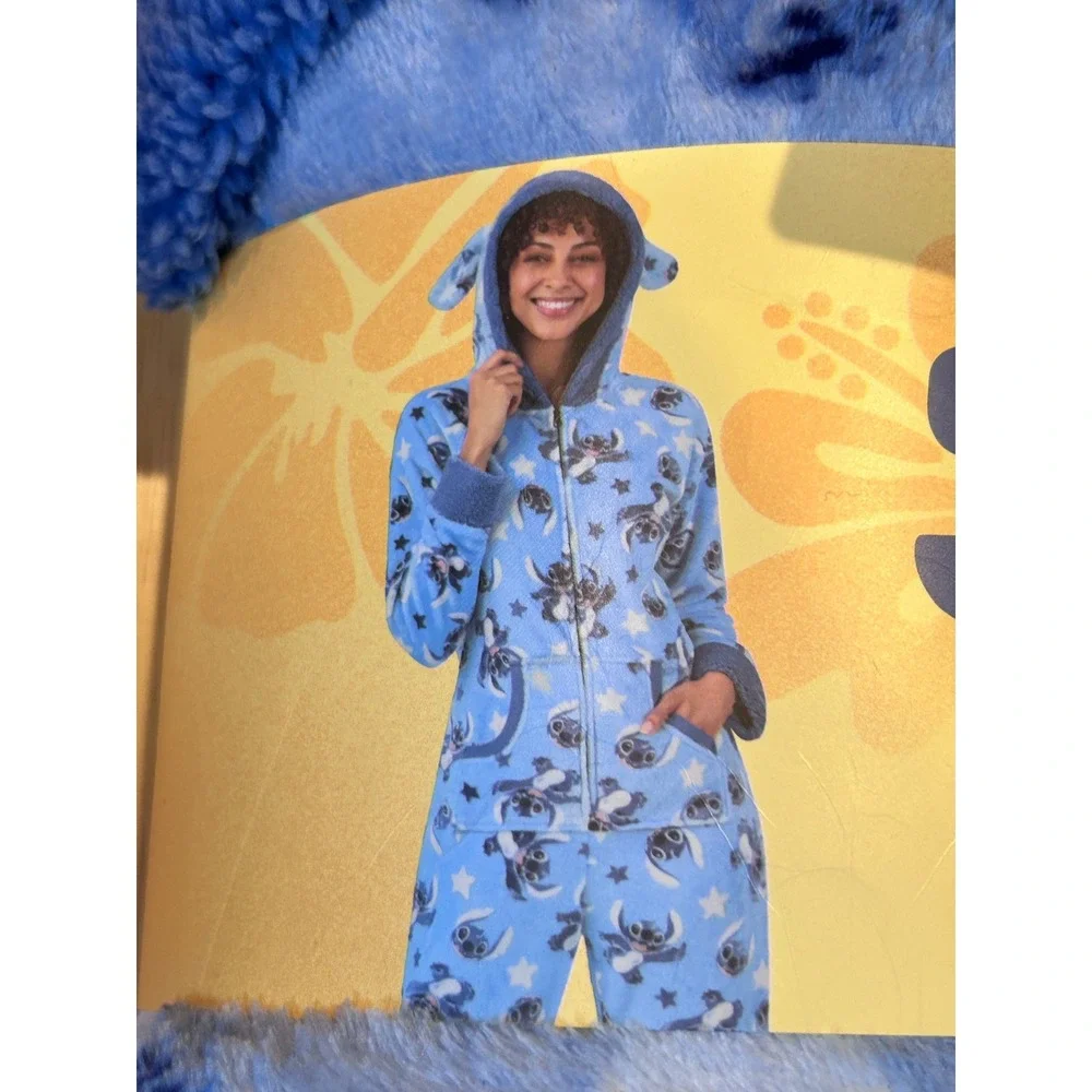 NWT Disney Stitch Womens One Piece Pajama Suit Blue Hooded Fleece Small Ohana - Picture 3 of 5